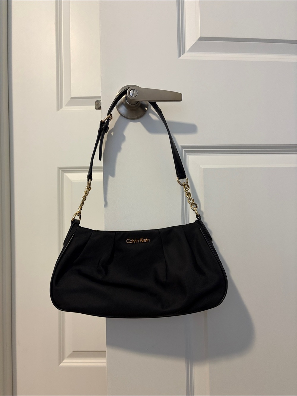 Calvin Klein Black Nylon Shoulder Bag with Gold Accents